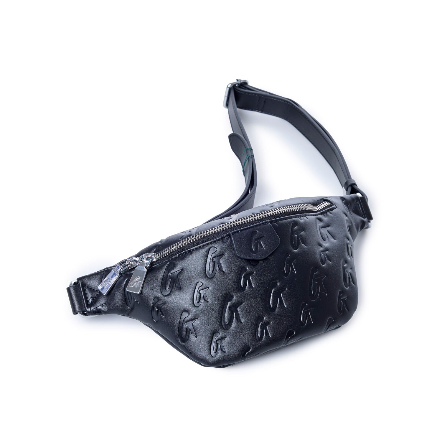 Black mini monogram fanny pack featuring embossed logo design and adjustable strap for a stylish, hands-free accessory.