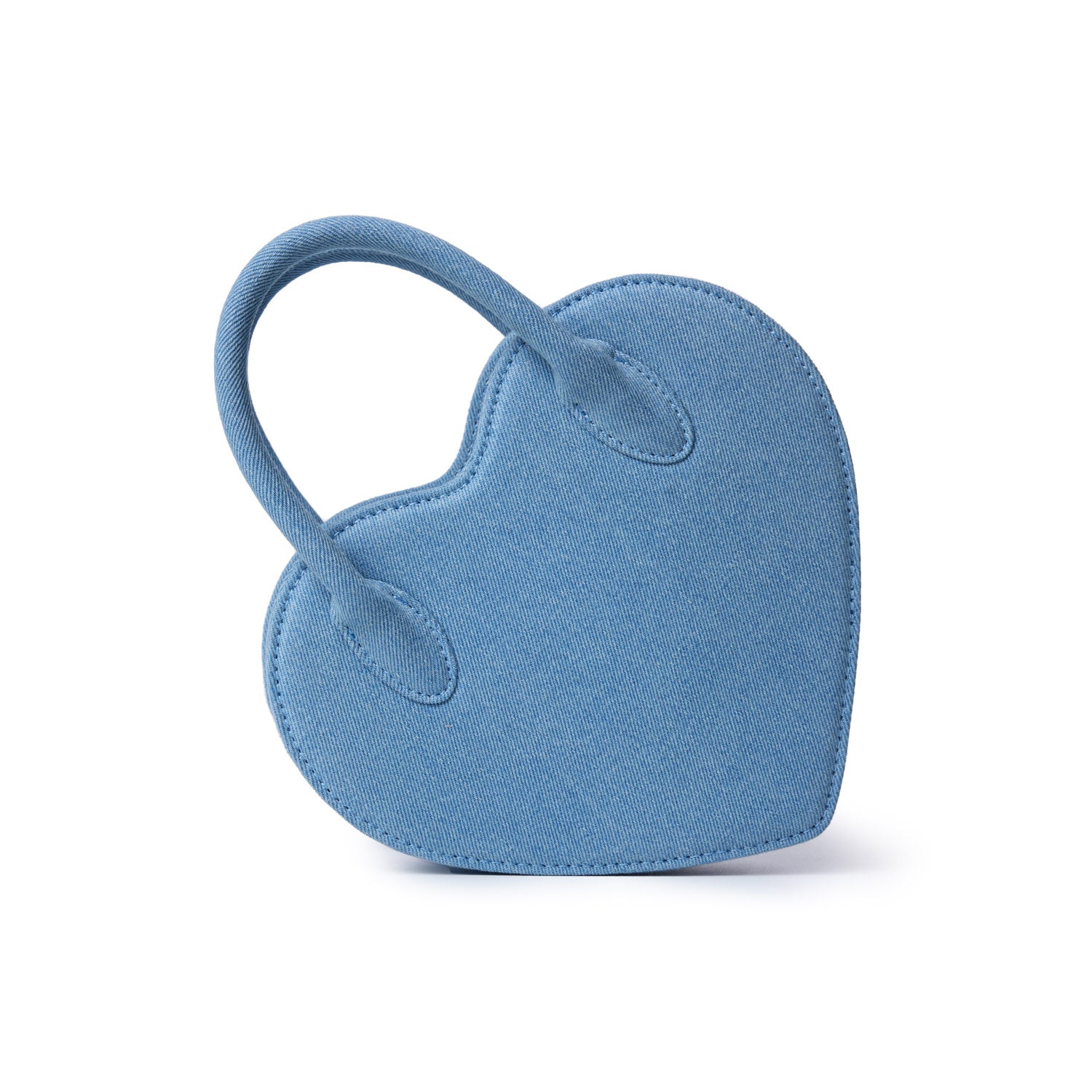 Blue denim heart-shaped bag with a matching strap, featuring visible stitching and a textured fabric surface.