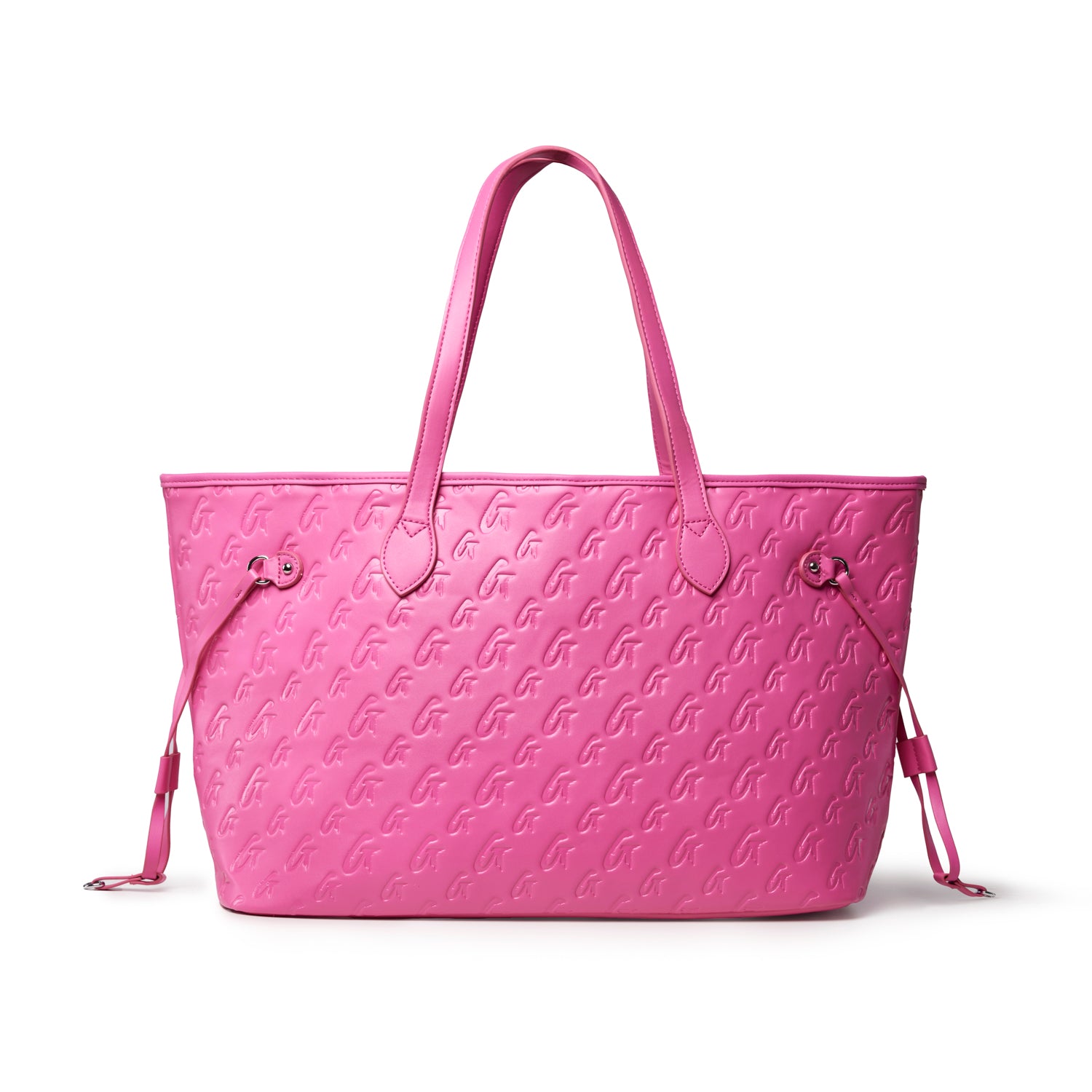 Hot pink monogram tote bag with dual handles and stylish embossed logo design, perfect for chic everyday use.