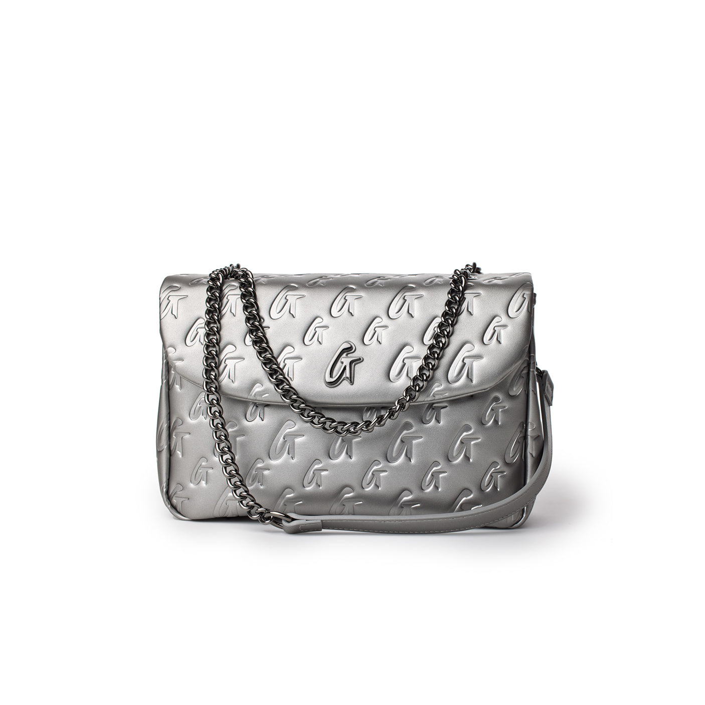 Medium platinum monogram flap bag with embossed G logo pattern and a silver chain strap.
