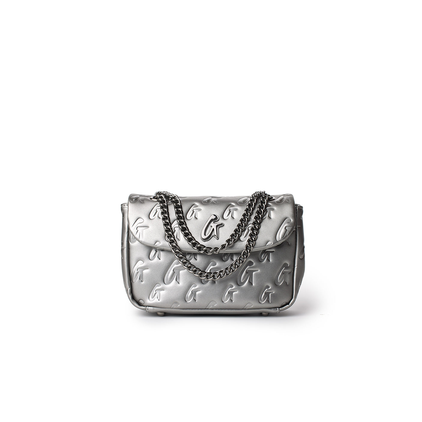 Mini Monogram Flap Bag in platinum with embossed G logo pattern and silver chain strap, stylish and compact accessory.
