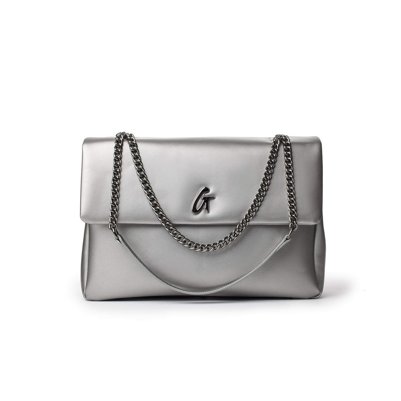 Large platinum-colored flap bag with chain straps and a metallic "G" logo on the front.