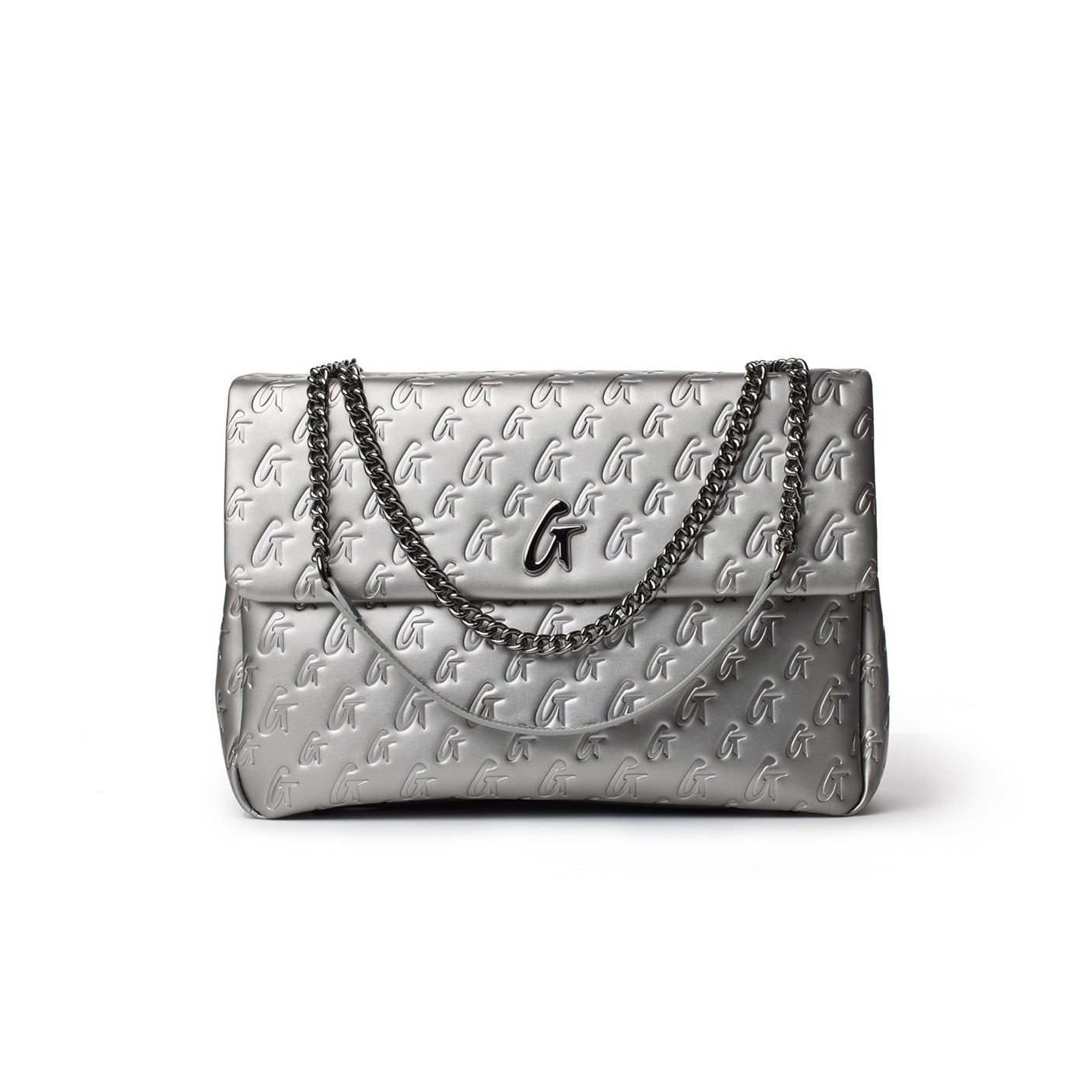 Large platinum monogram flap bag with embossed G pattern, chain strap, and prominent G logo detail on the front.