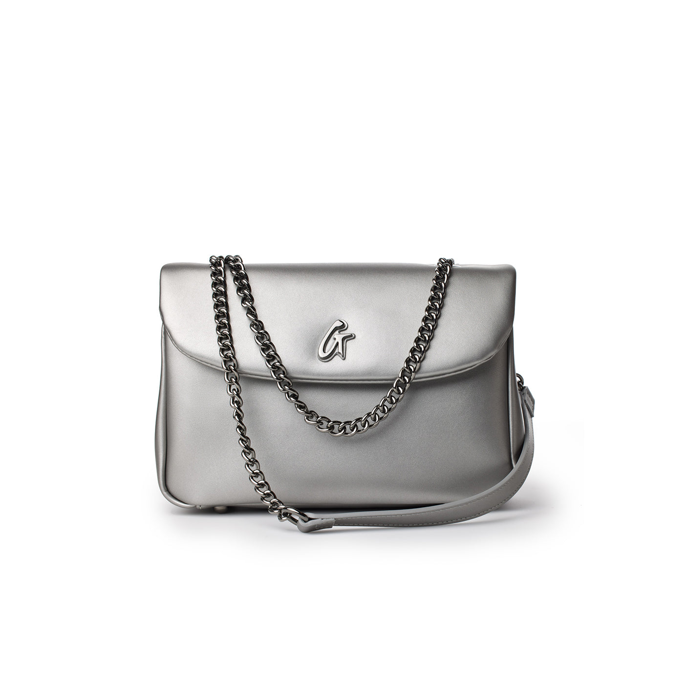 Medium platinum flap bag with a chain strap, featuring a metallic finish and a logo on the front flap.