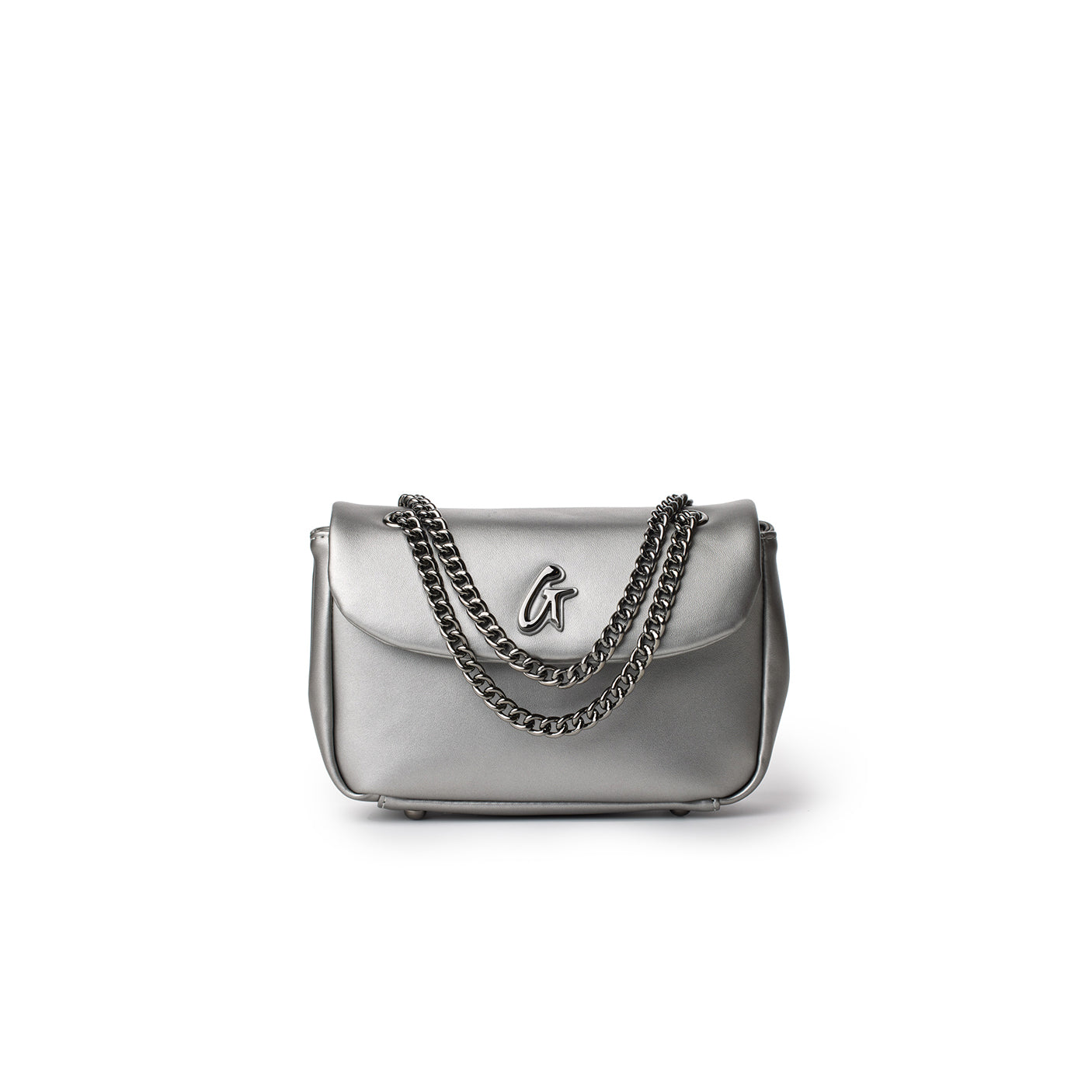 Mini platinum-colored flap bag with chain strap and metallic logo detail, stylish and compact accessory.