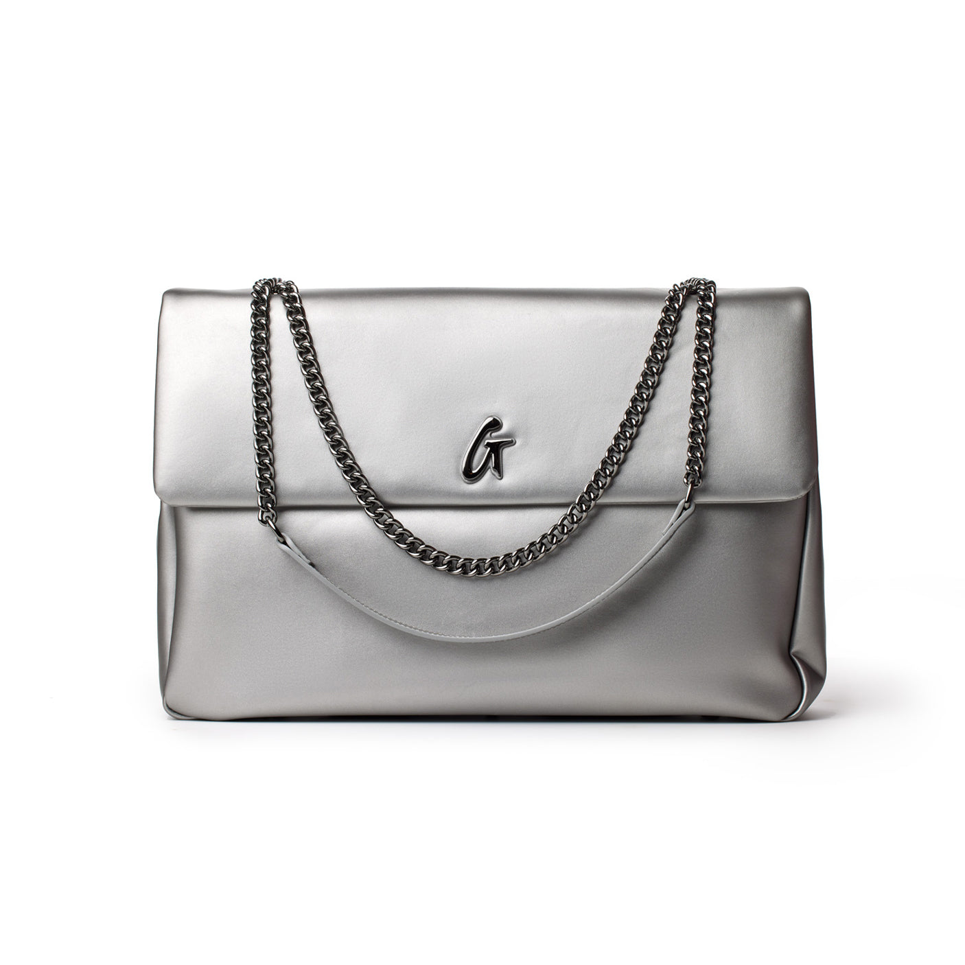 Large platinum-colored flap bag with chain straps and a metallic "G" logo on the front.