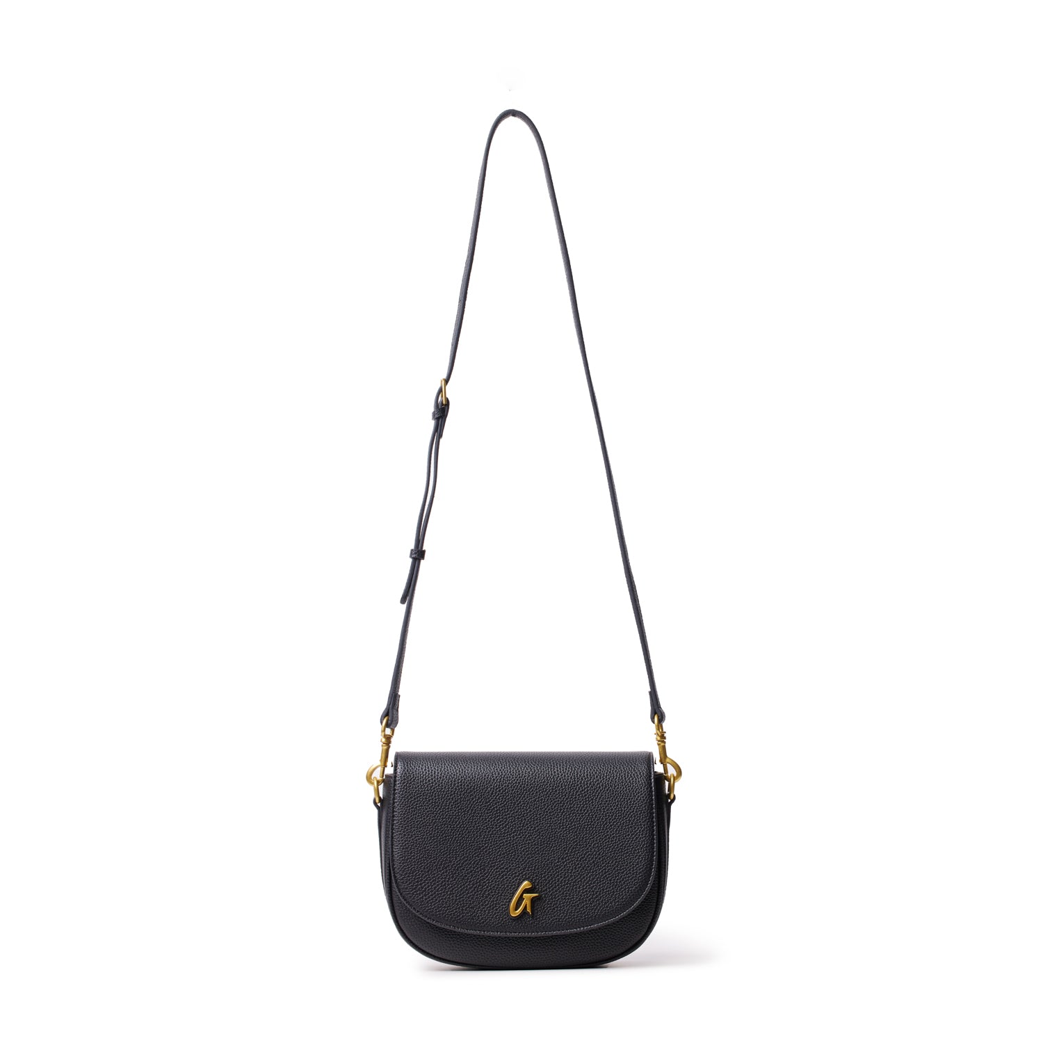 Medium black pebble shoulder bag with a gold "G" logo, adjustable strap, and textured leather finish.