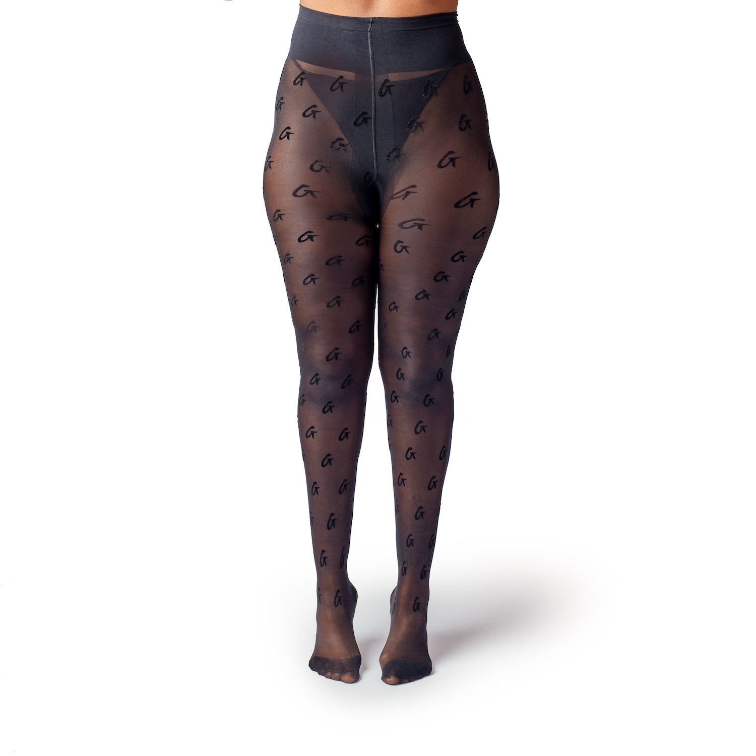 Black sheer logo stockings with a repeating "G" pattern, high waist, and semi-transparent finish.