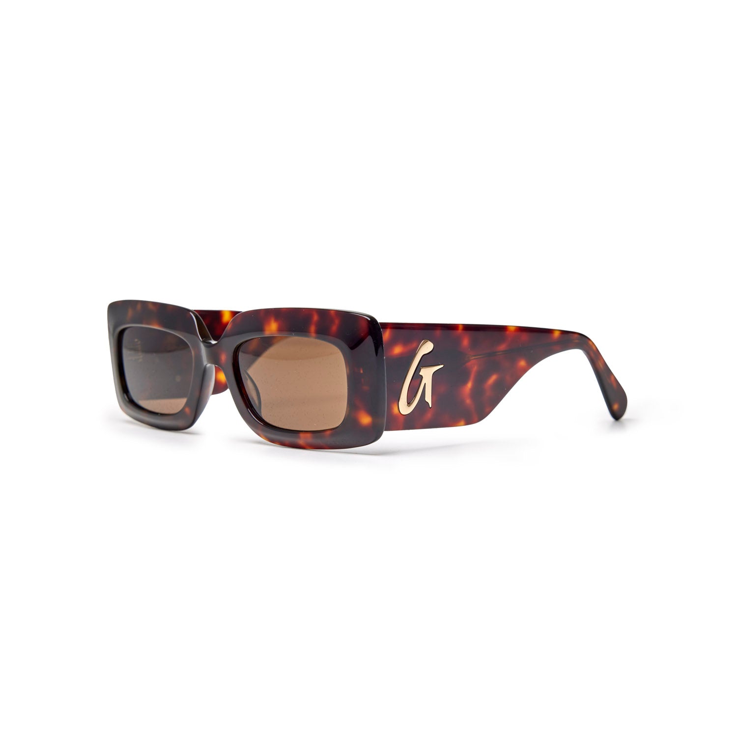 Tortoise shell sunglasses with square frames and gold logo detail, perfect for a stylish accessory.