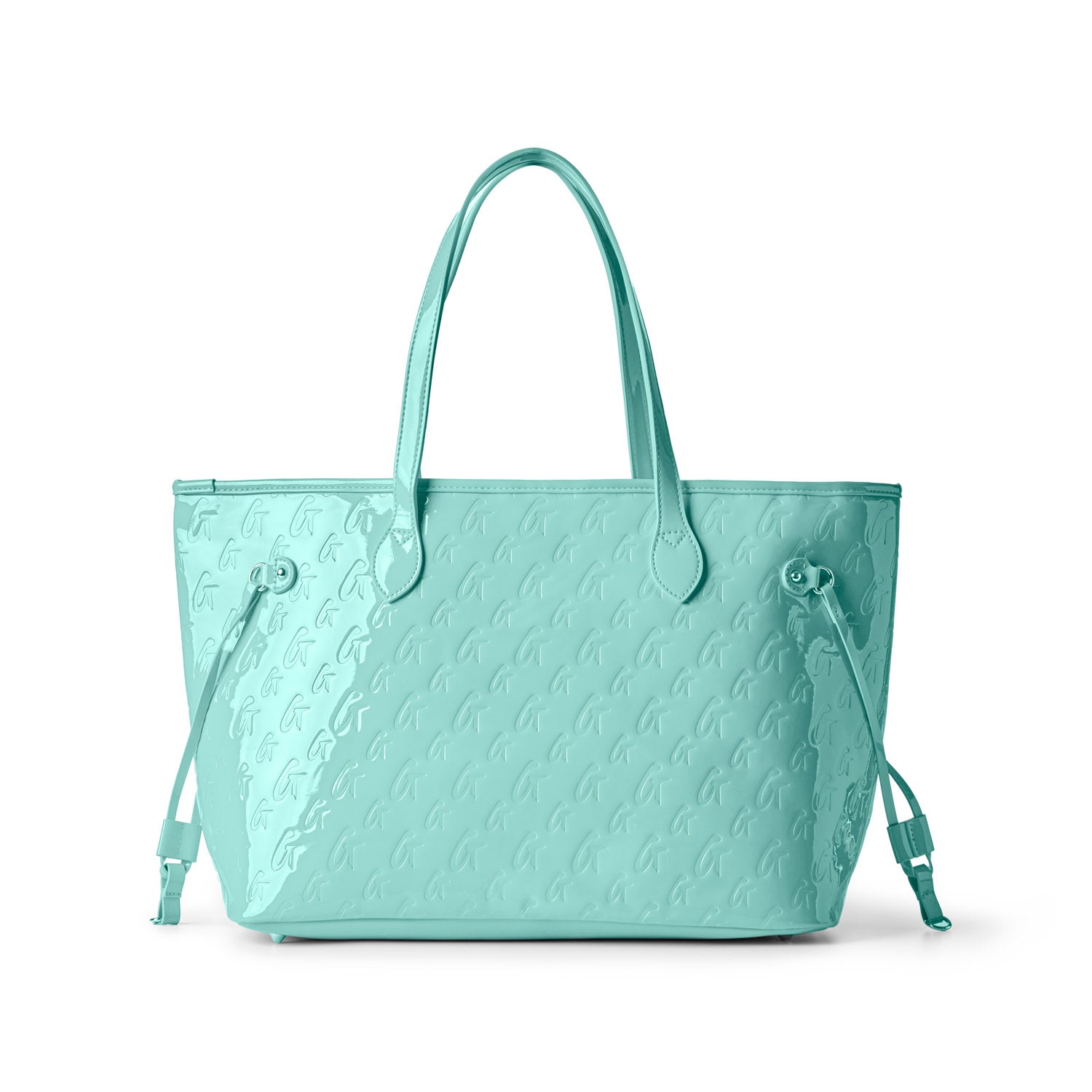 Monogram Glam Tote in mirror teal with stylish embossed design and detachable wristlet for versatile use.