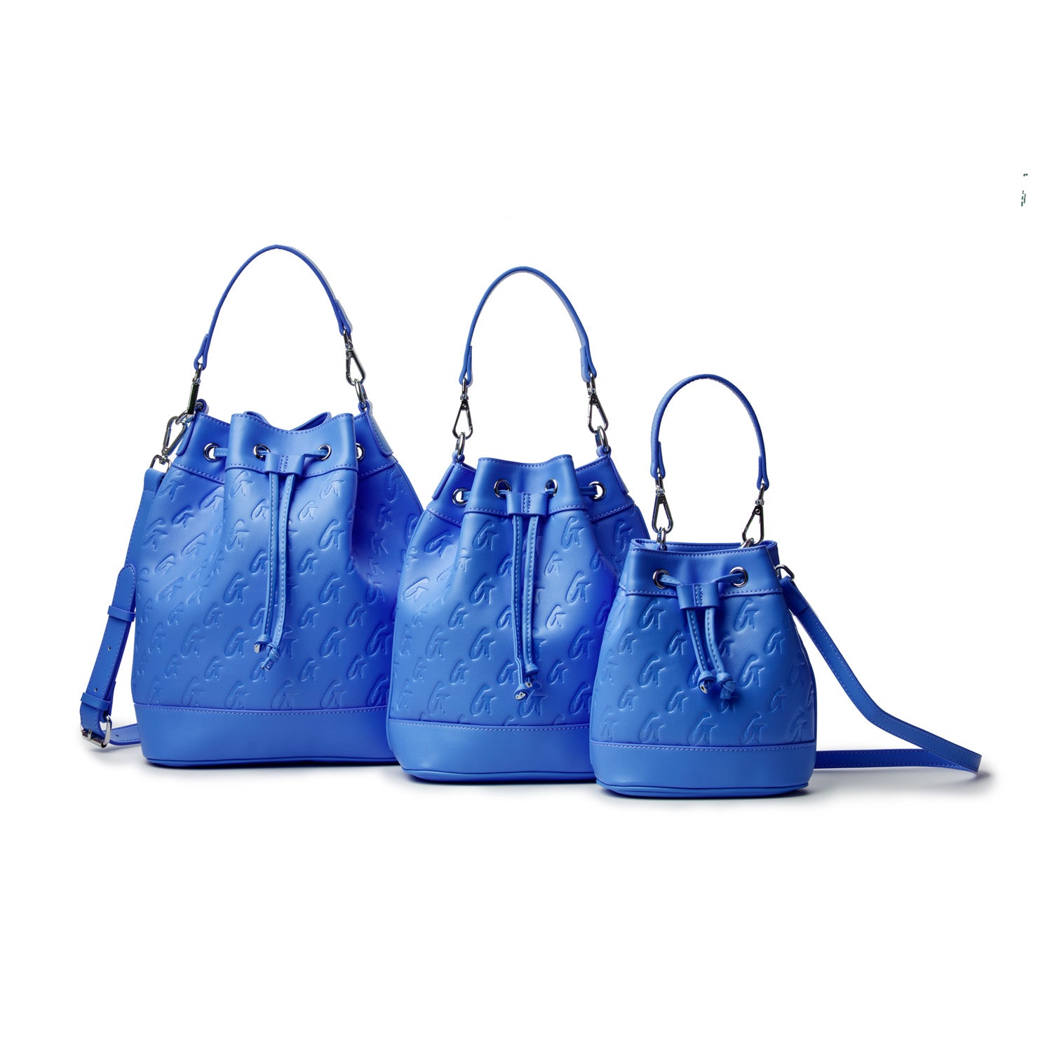 Medium blue monogram bucket bag featuring a textured design, adjustable straps, and a stylish silhouette.