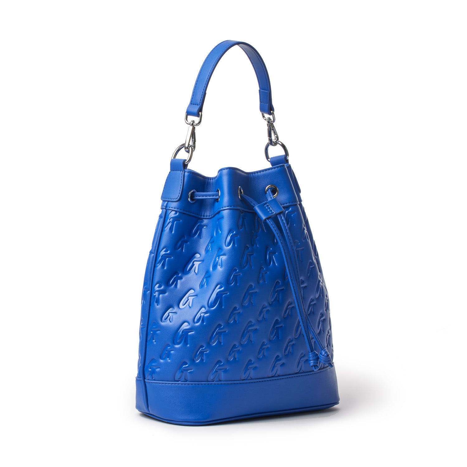 Large blue monogram bucket bag featuring a textured design and adjustable shoulder strap for stylish versatility.