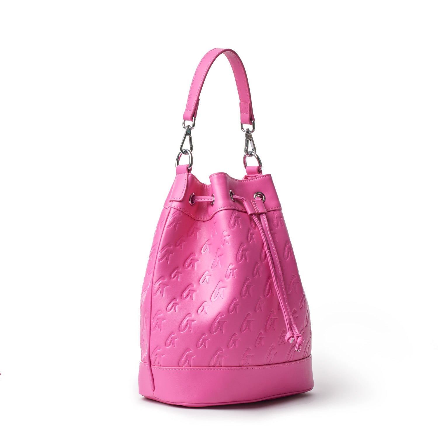 Large hot pink monogram bucket bag with embossed logo pattern, adjustable strap, and drawstring closure.
