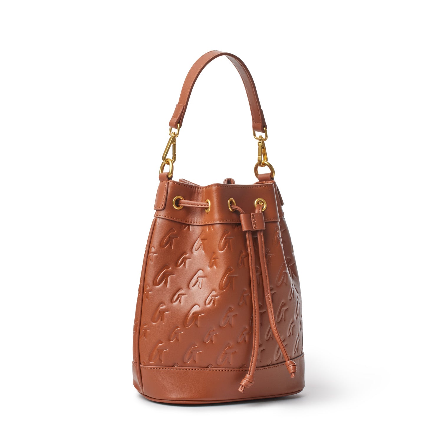 Medium brown bucket bag with embossed monogram pattern, gold hardware, adjustable strap, and drawstring closure.