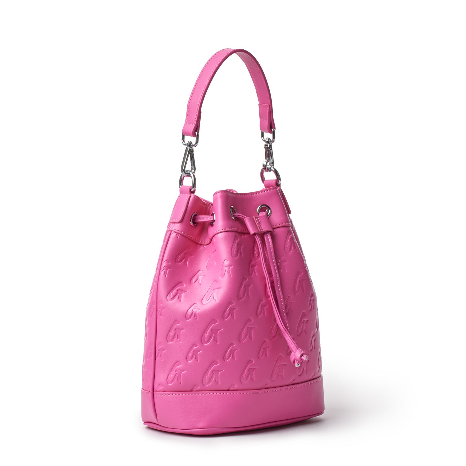 Medium hot pink bucket bag with embossed monogram pattern, adjustable drawstring closure, and a top handle with metal hardware.