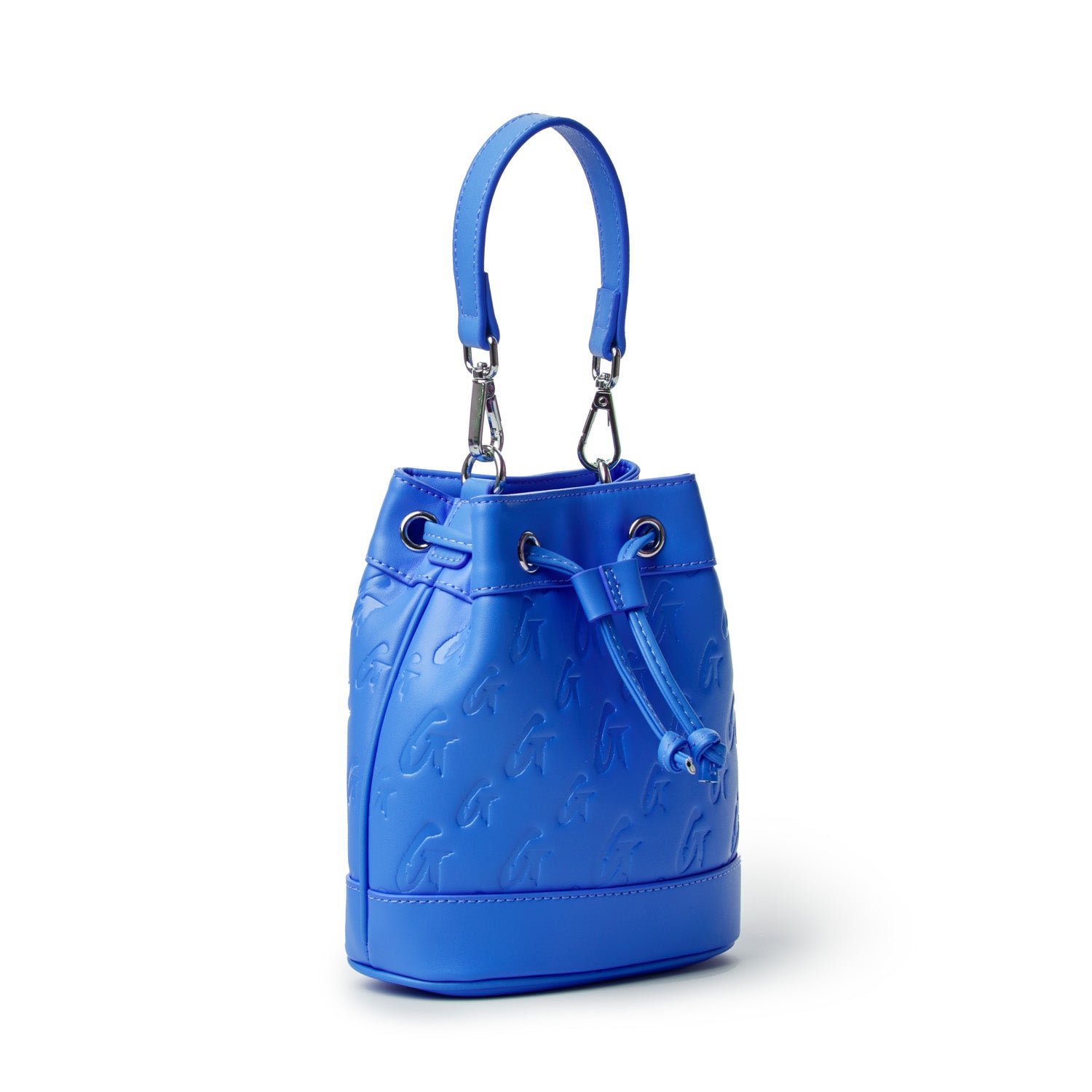 Blue mini monogram bucket bag with embossed logo pattern, top drawstring closure, and a matching handle.