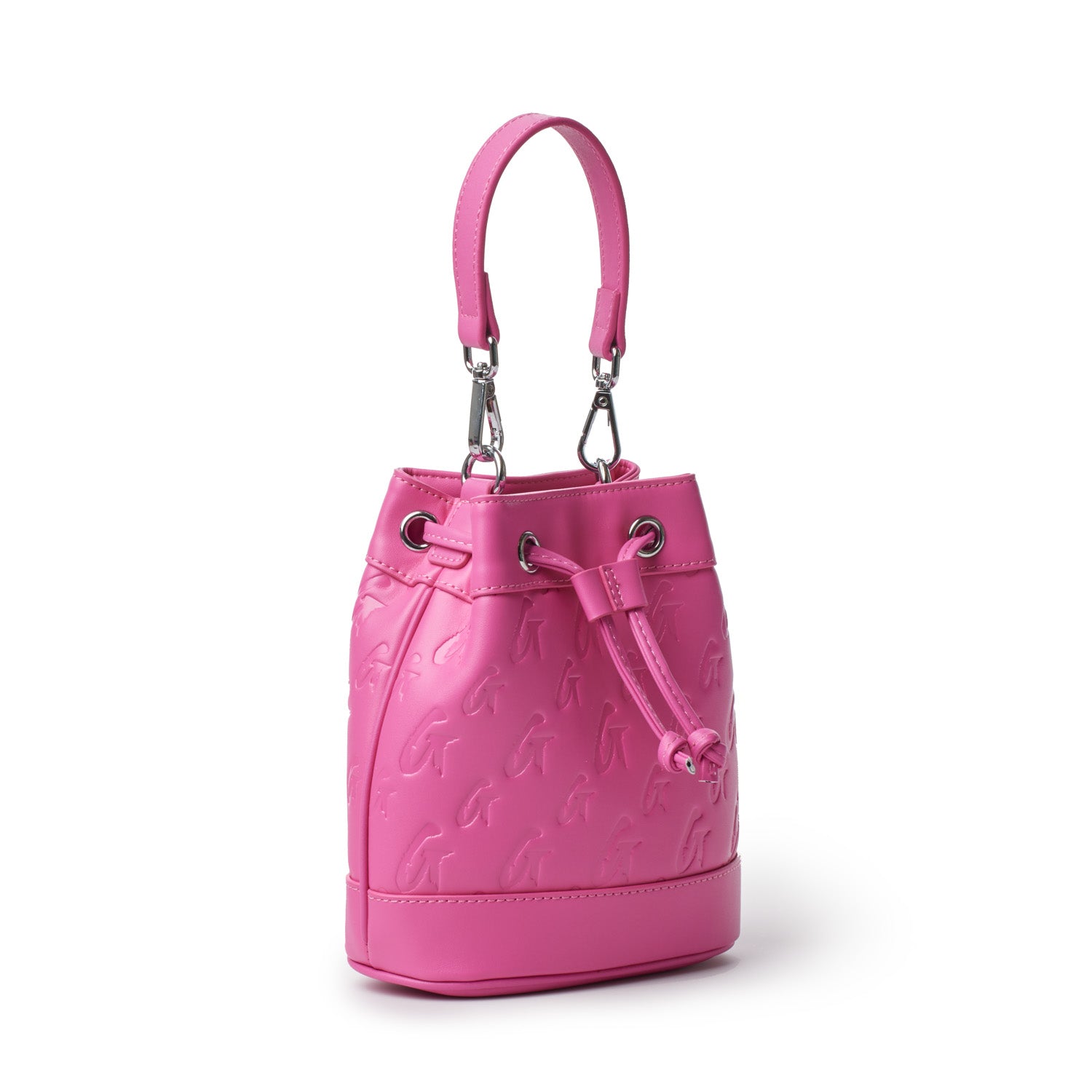 Mini monogram bucket bag in vibrant hot pink with embossed logo pattern, adjustable strap, and silver hardware.