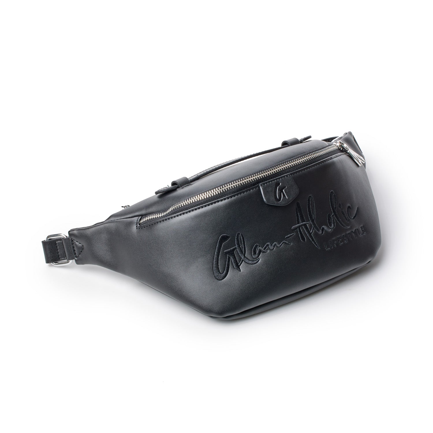 Black signature logo fanny pack with embossed text, silver zipper, and adjustable strap on a white background.