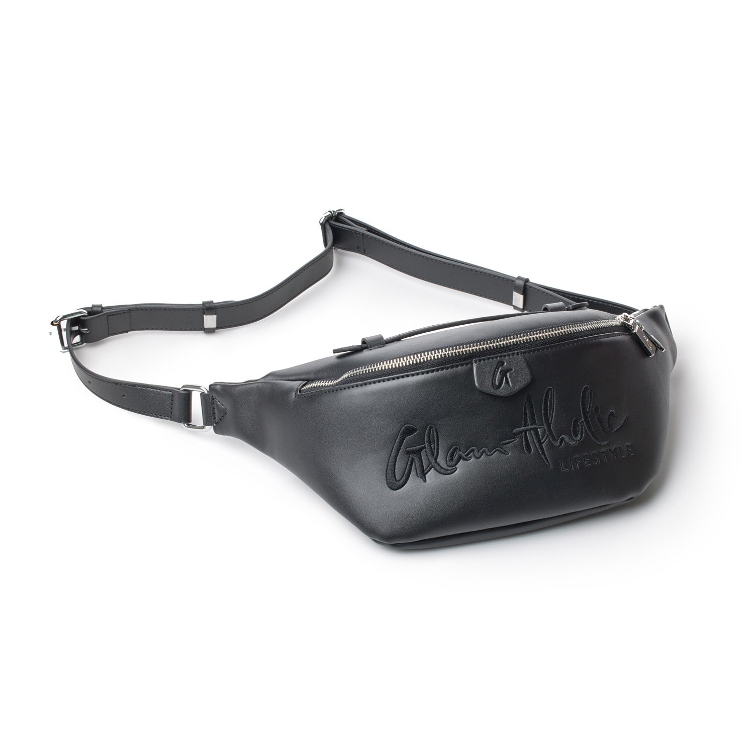 Black signature logo fanny pack with an adjustable strap, zipper closure, and embossed "Glam Athletic Lifestyle" text.