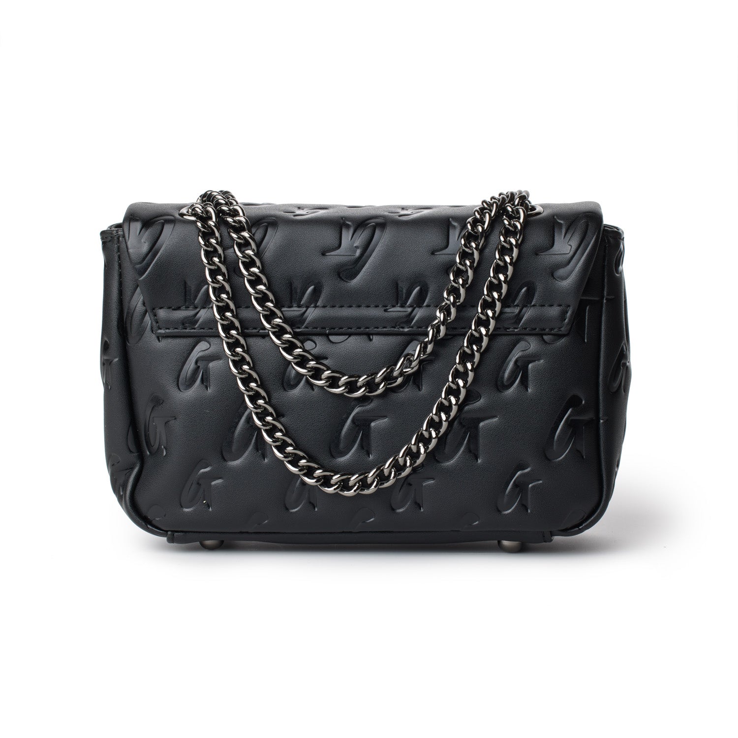 Black mini monogram flap bag with embossed logo pattern and silver chain strap.
