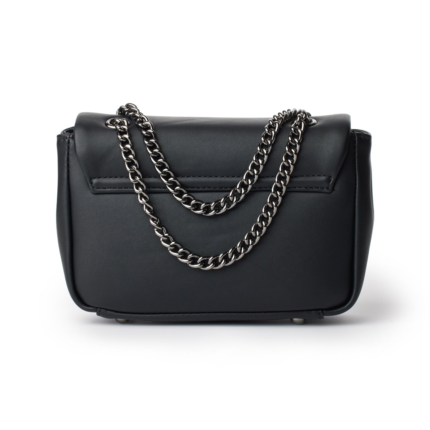 Black mini standard flap bag with a silver chain strap, sleek design, and smooth leather finish.