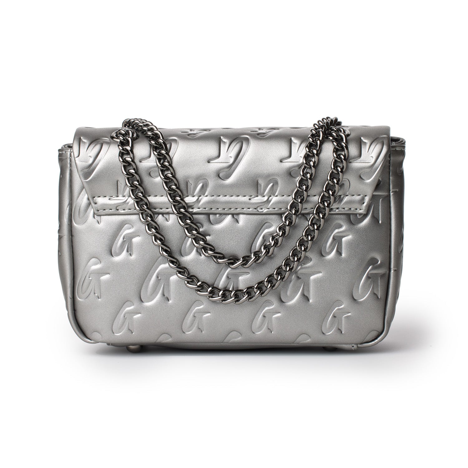 Mini Monogram Flap Bag in platinum with embossed logo pattern and a silver chain strap.
