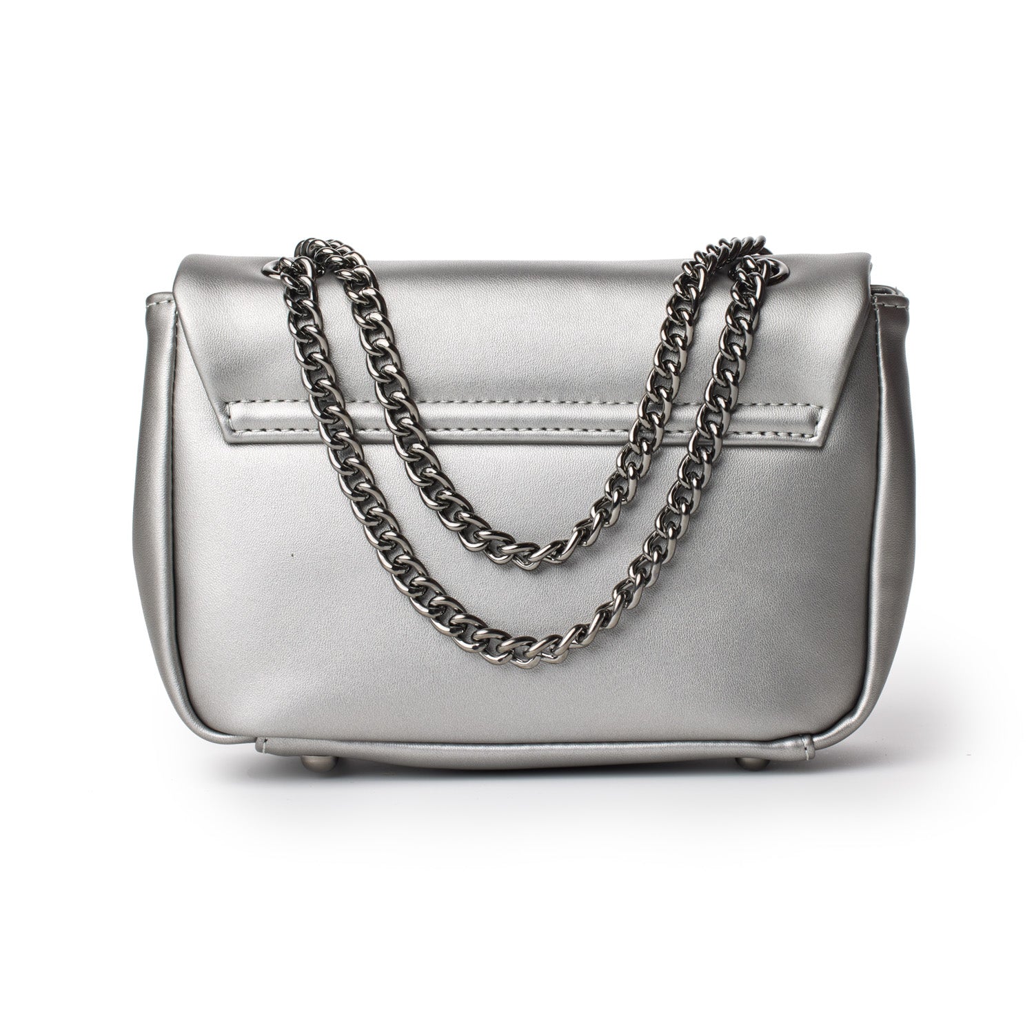 Mini platinum flap bag with a silver finish and chain strap, featuring a sleek, modern design on a white background.