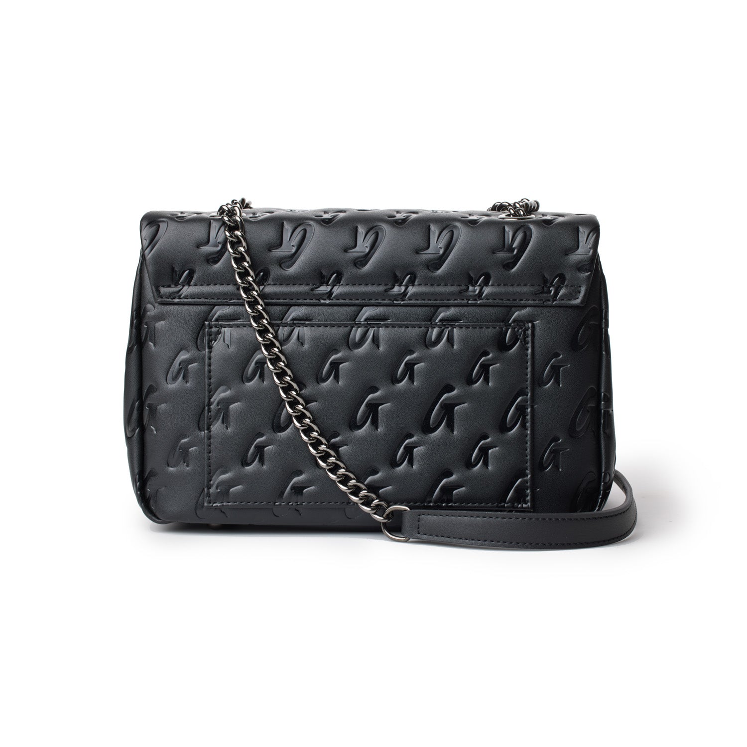 Black medium monogram flap bag with embossed G pattern, chain strap, and front pocket.