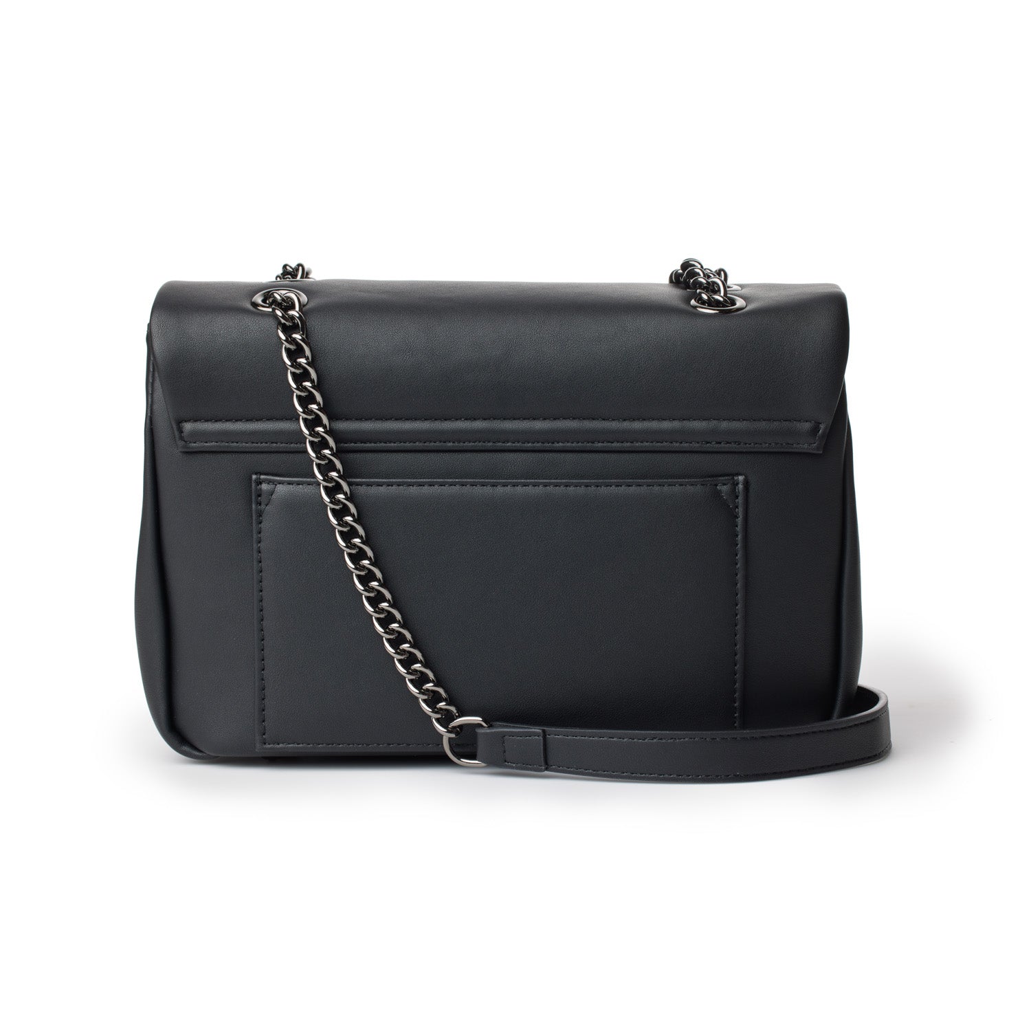 Medium black leather flap bag with a chain strap, featuring a front pocket and sleek, minimalist design.