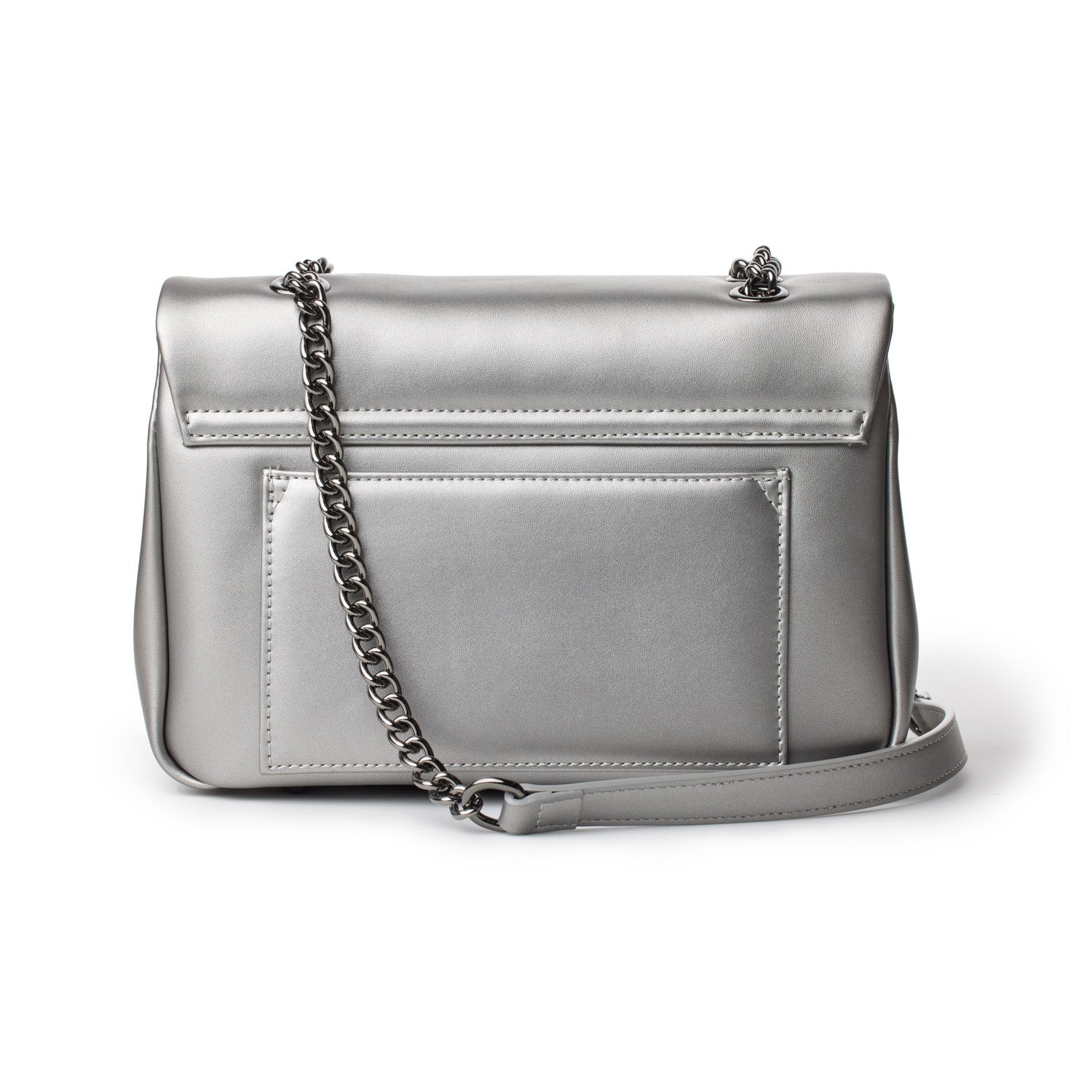Medium platinum-colored flap bag with a chain strap, sleek design, and front pocket, perfect for stylish everyday use.