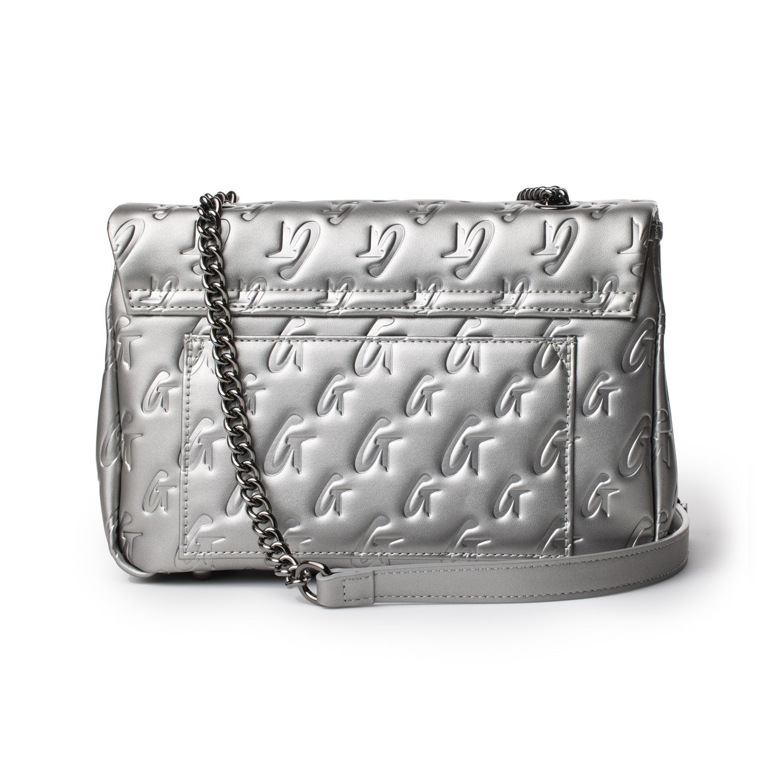 Medium platinum monogram flap bag with embossed G logo pattern, chain strap, and sleek metallic finish.