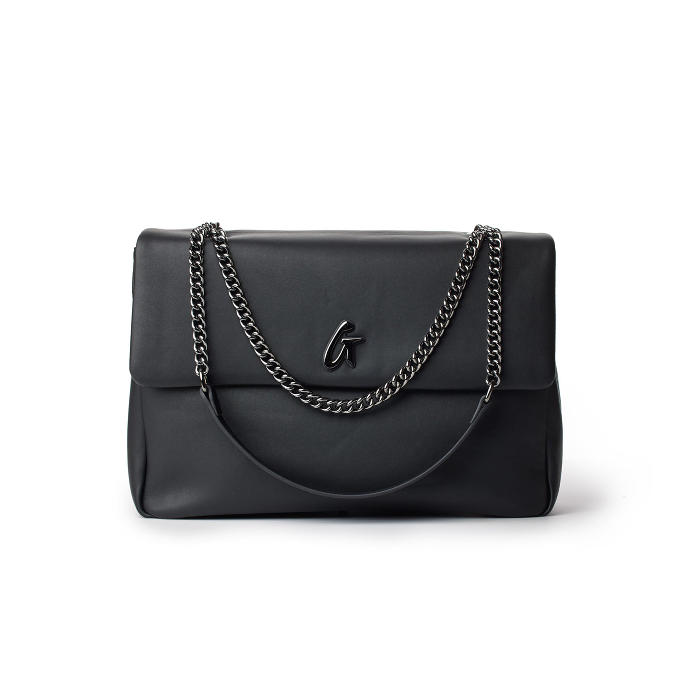 Large black leather flap bag with chain straps and a metal "G" logo on the front.