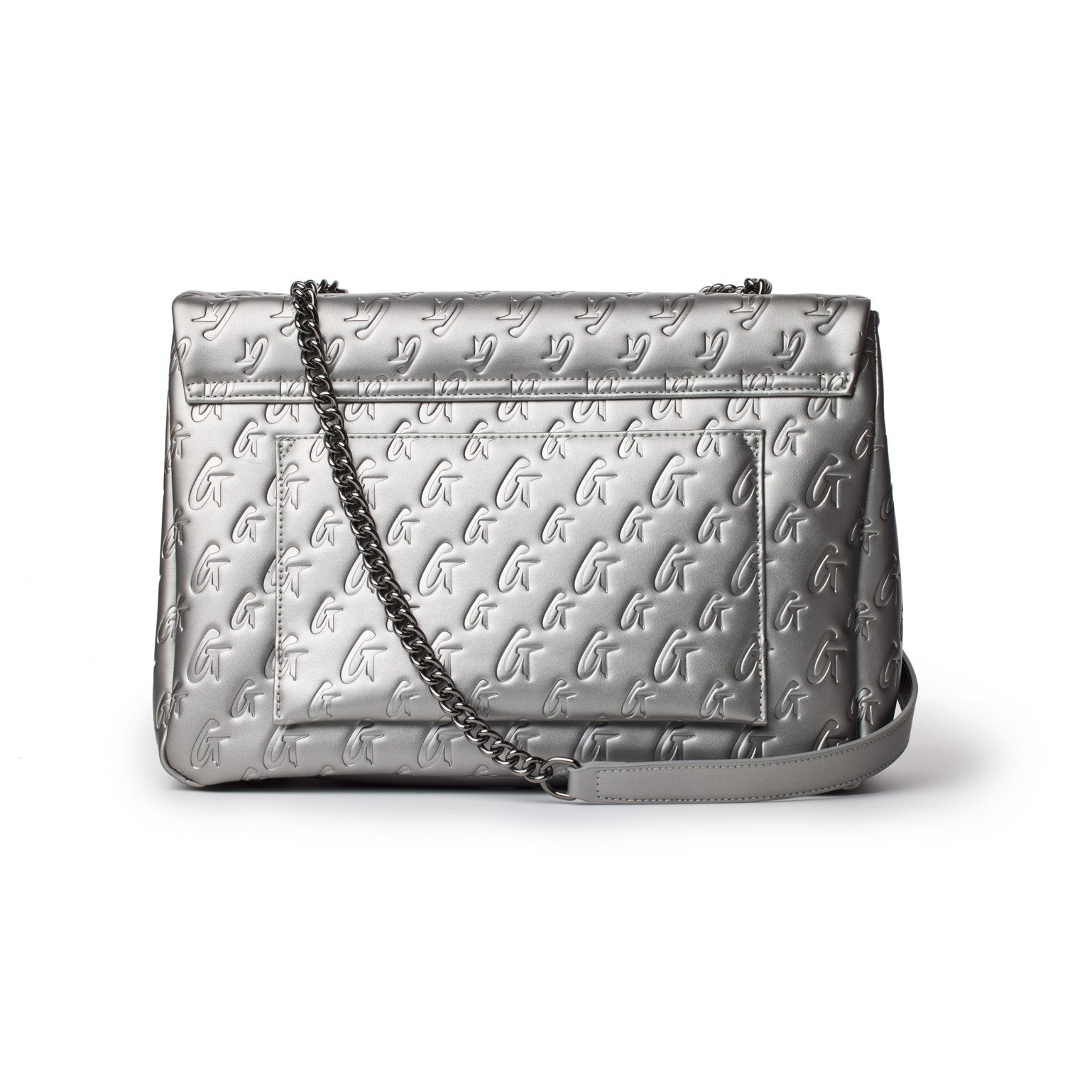 Large platinum monogram flap bag with embossed G pattern, chain strap, and sleek silver finish.