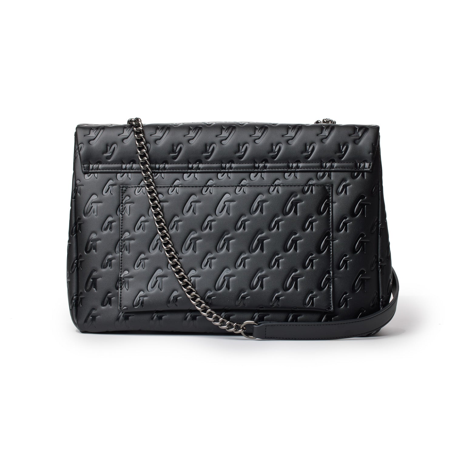 Black large monogram flap bag with embossed G logo pattern, chain strap, and front pocket.