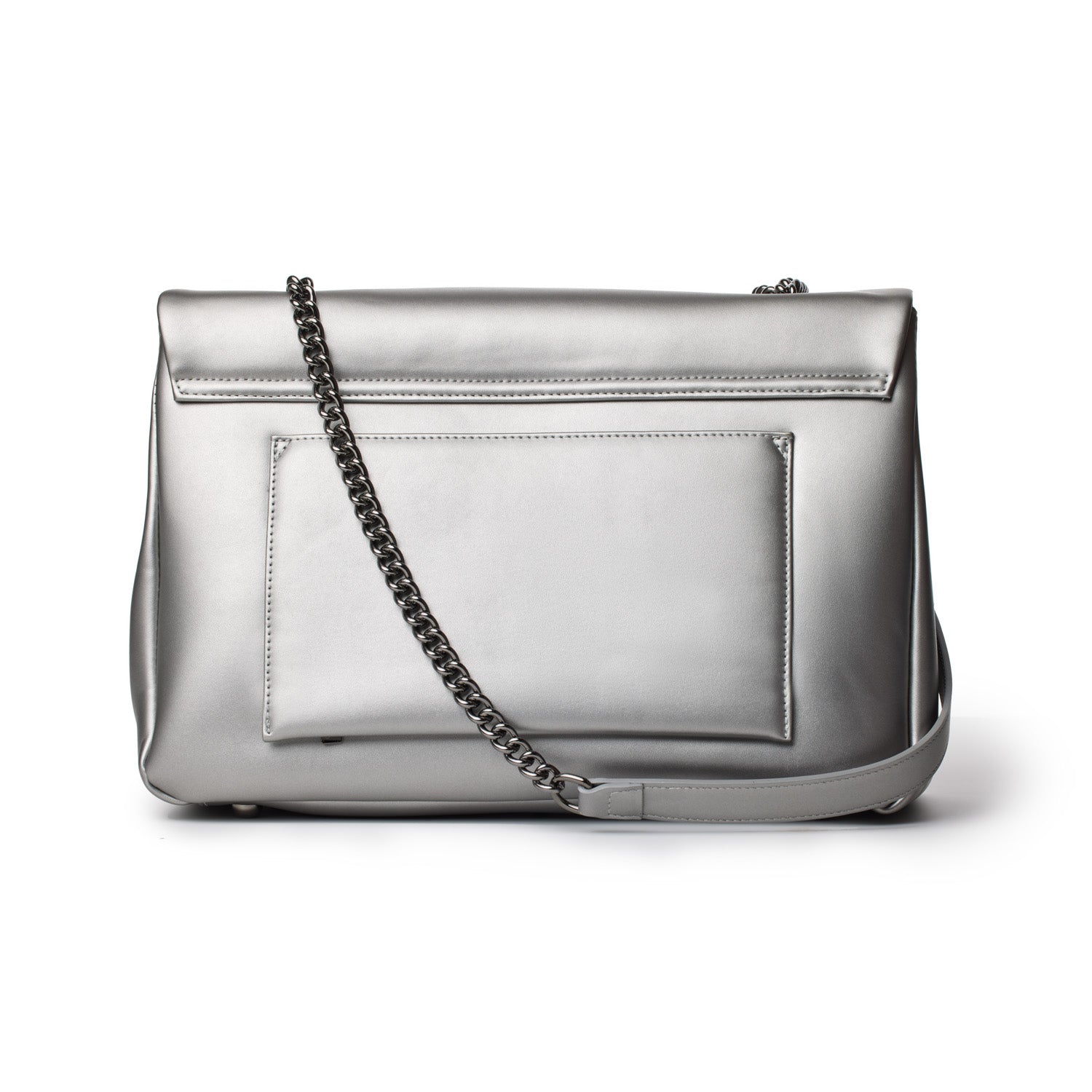 Large platinum-colored flap bag with a chain strap and front pocket, made of sleek, metallic material.