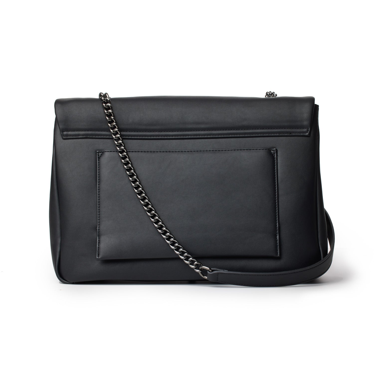 Large black leather flap bag with a front pocket and chain strap, stylish and spacious for everyday use.