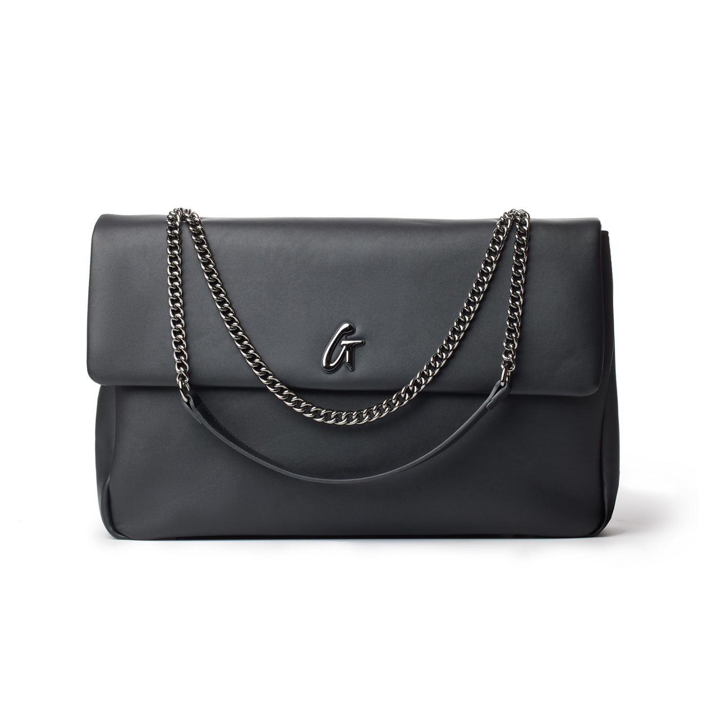 Black XL standard flap bag with chain straps and a metal logo on the front.