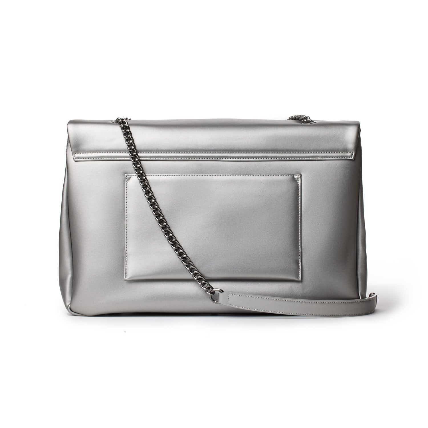 Large platinum-colored flap bag with a front pocket, chain strap, and sleek, shiny finish.