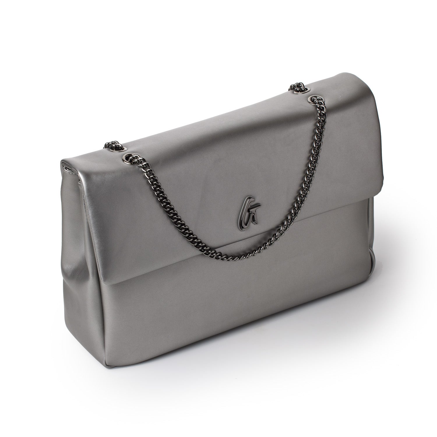 Large platinum-colored flap bag with a chain strap and a subtle logo on the front.
