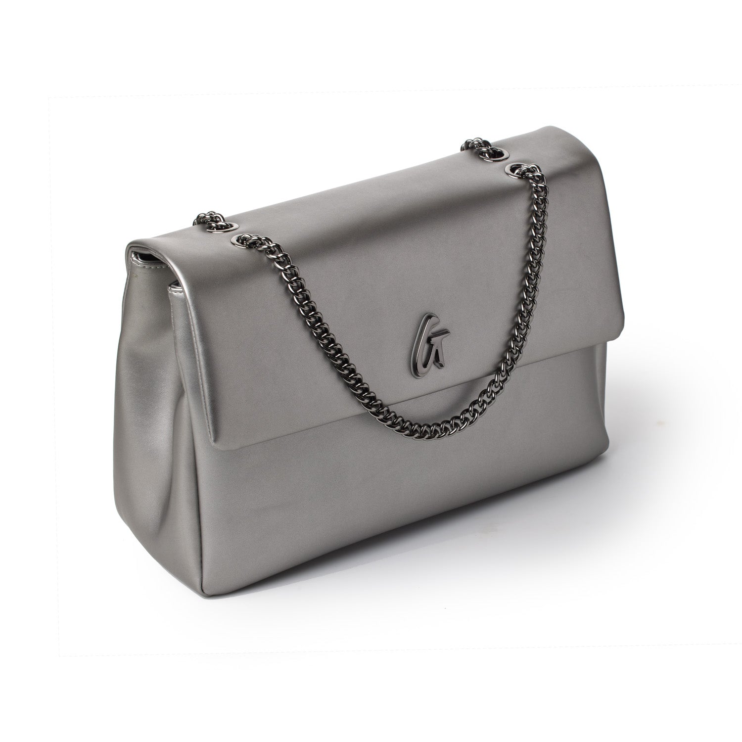 Large platinum flap bag with a chain strap and metallic logo detail on the front, stylish and elegant accessory.
