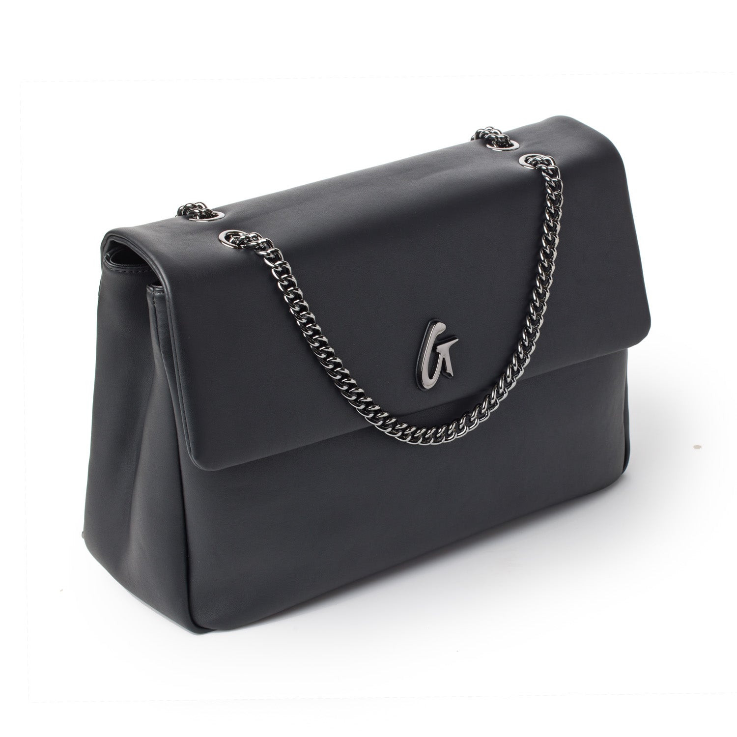 Large black leather flap bag with a silver chain strap and a metallic logo on the front.