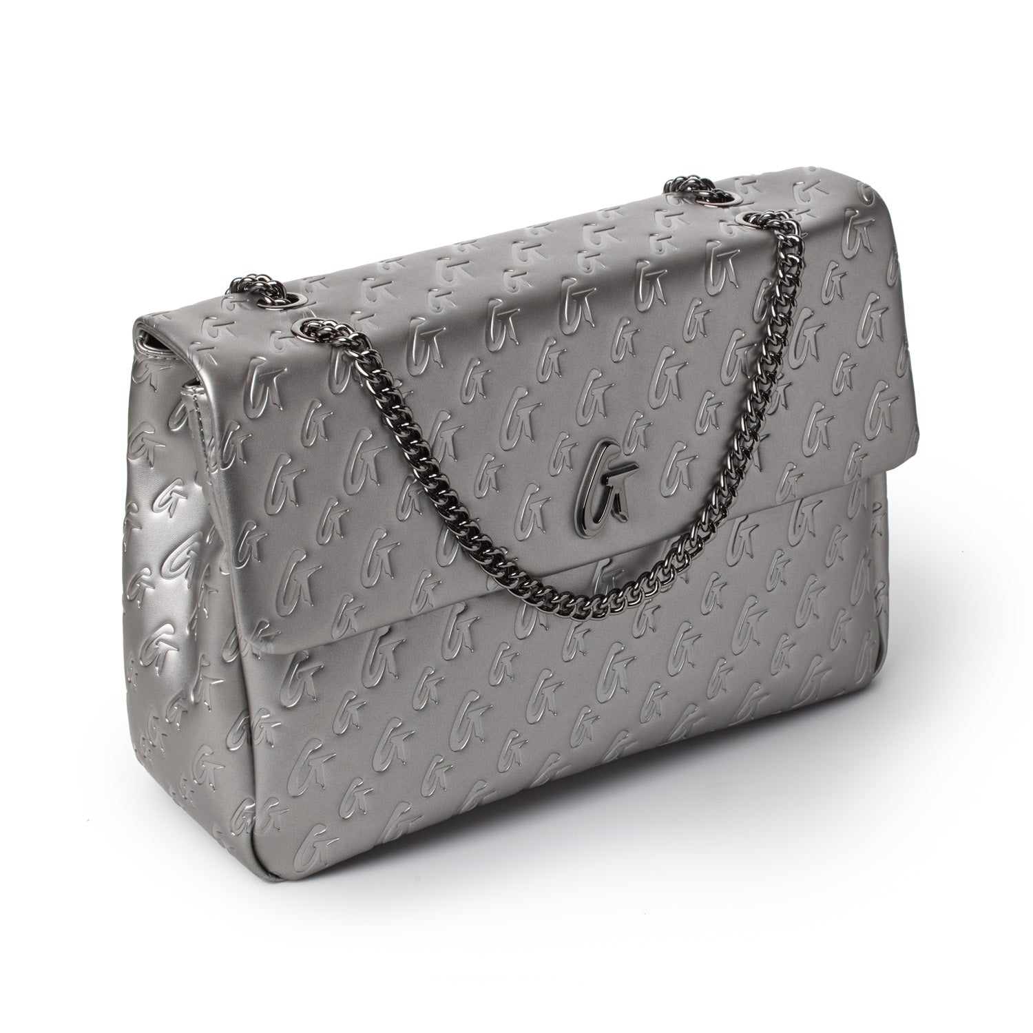 Large platinum monogram flap bag with embossed logo pattern and a chain shoulder strap.