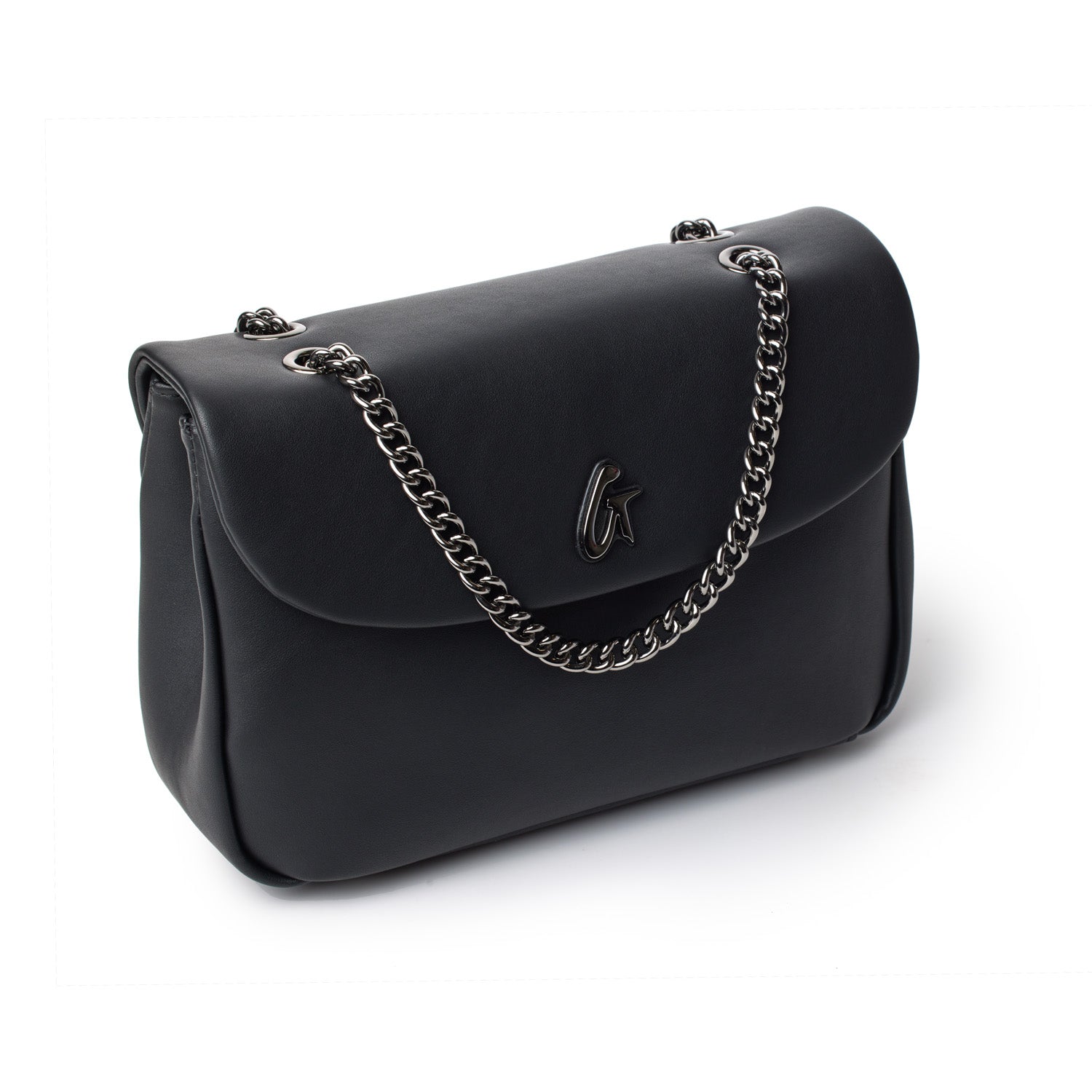 Black medium-sized flap bag with a silver chain strap and a logo emblem on the front.