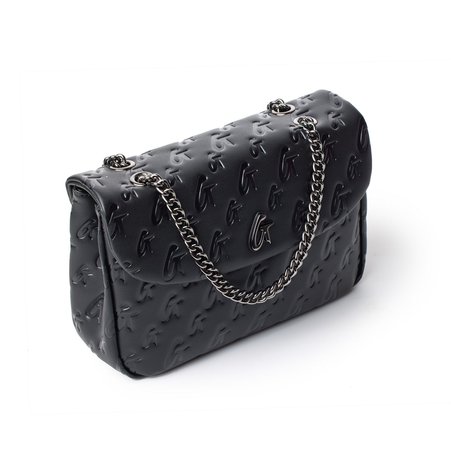 Black medium monogram flap bag with embossed logo pattern and silver chain strap.