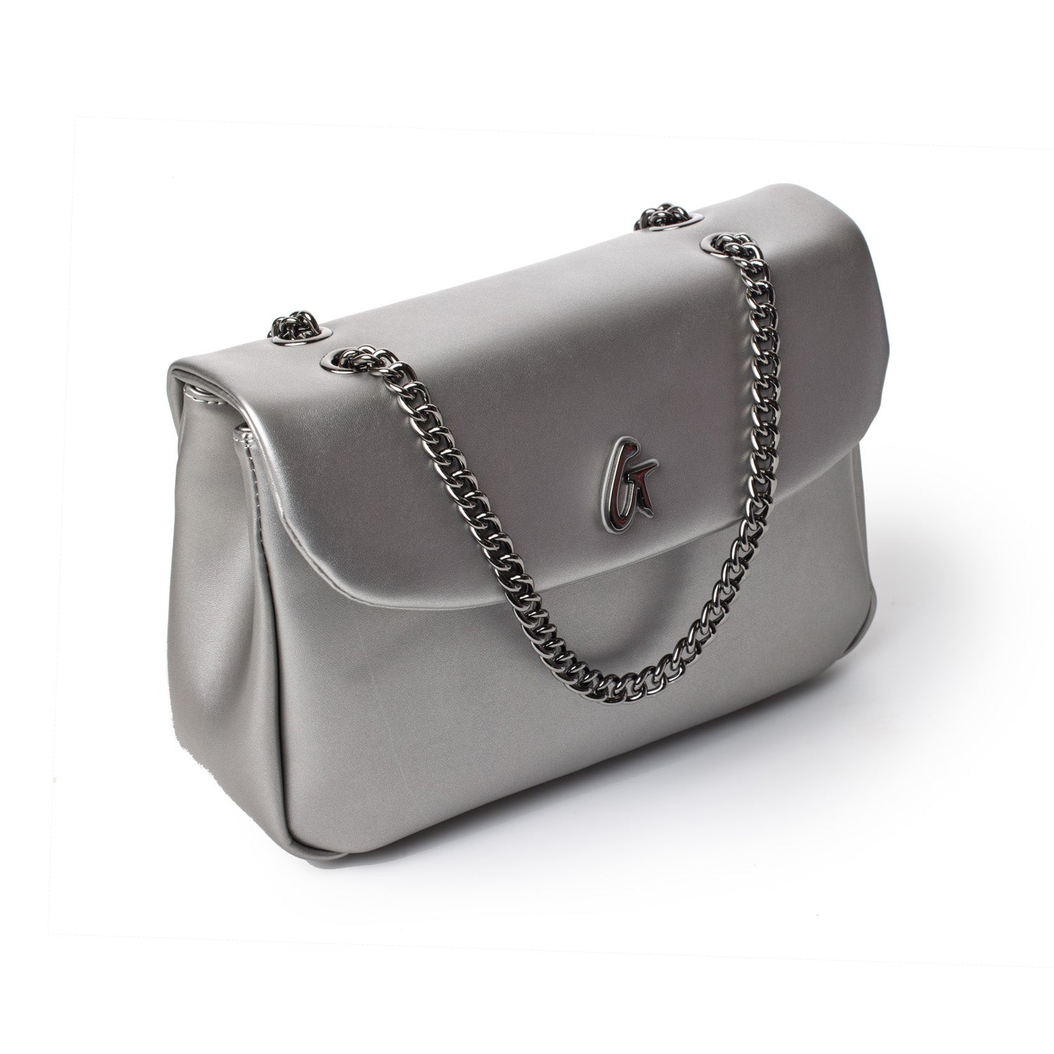 Medium platinum-colored flap bag with a chain strap and a small metallic logo on the front.