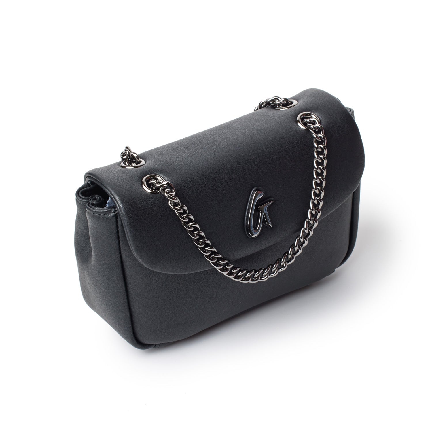 Black mini standard flap bag with a silver chain strap and logo detail, stylish and compact for everyday use.