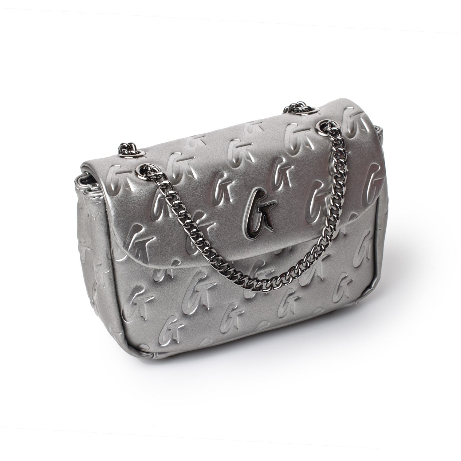 Mini Monogram Flap Bag in platinum with embossed logo pattern and a silver chain strap.