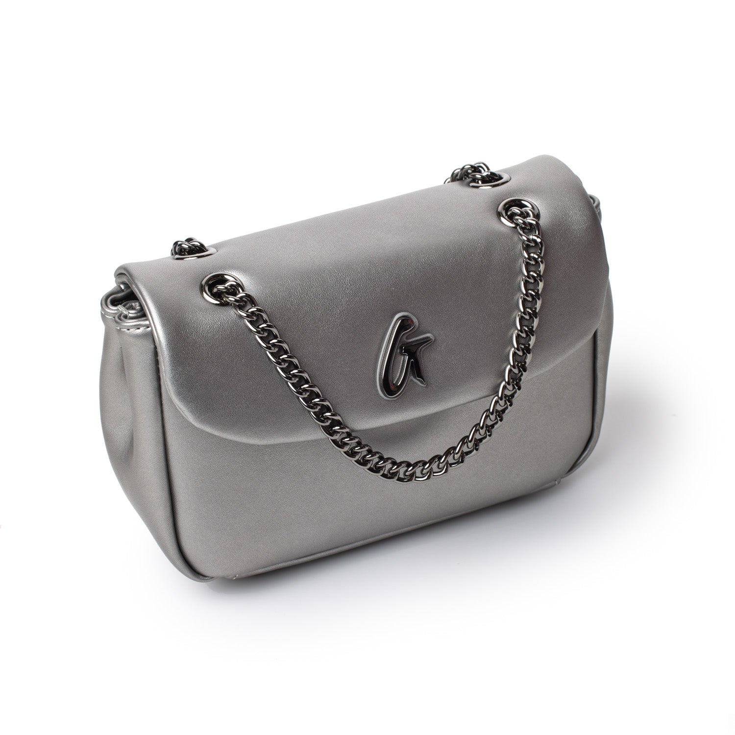 Mini platinum flap bag with chain strap, metallic finish, and a signature logo on the front.