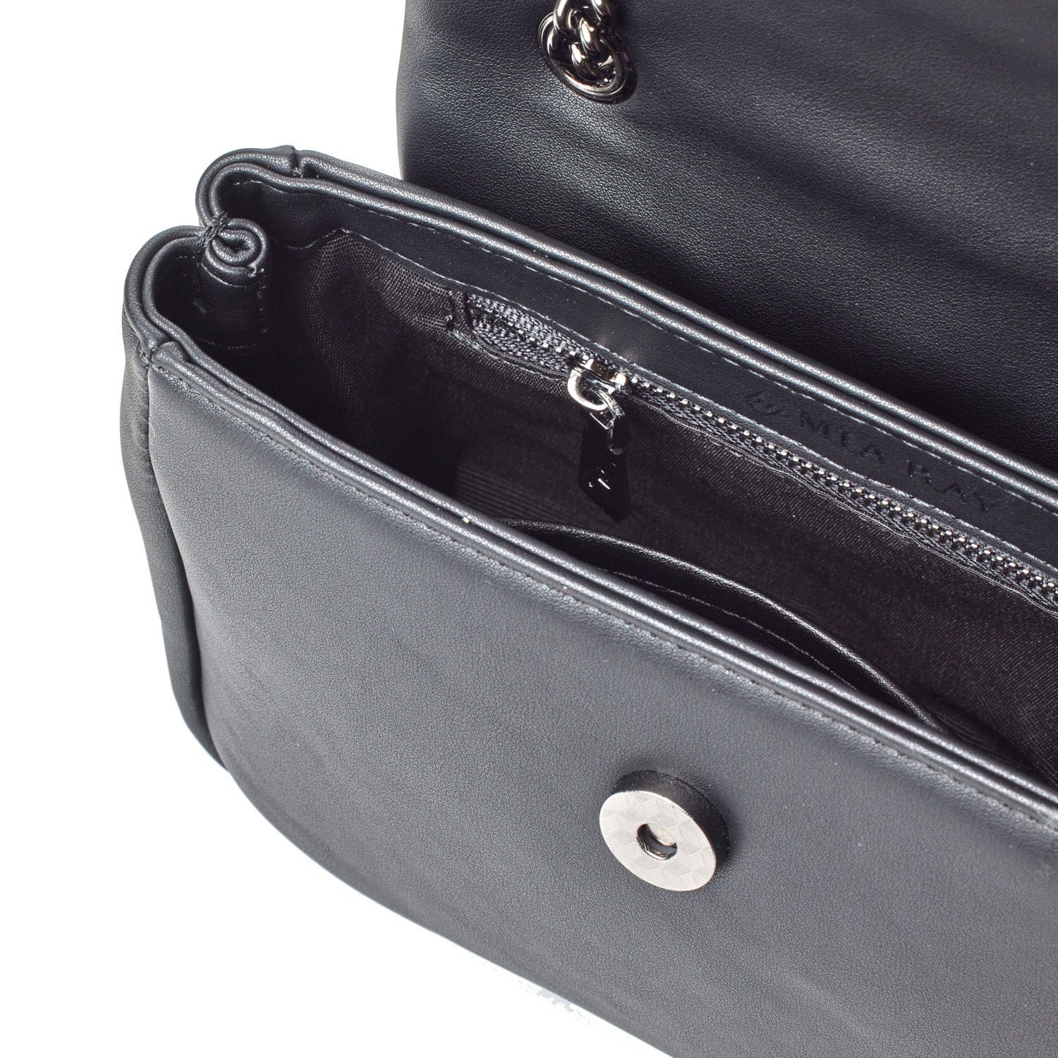 Black mini standard flap bag with a chain strap, interior zip pocket, and sleek design.