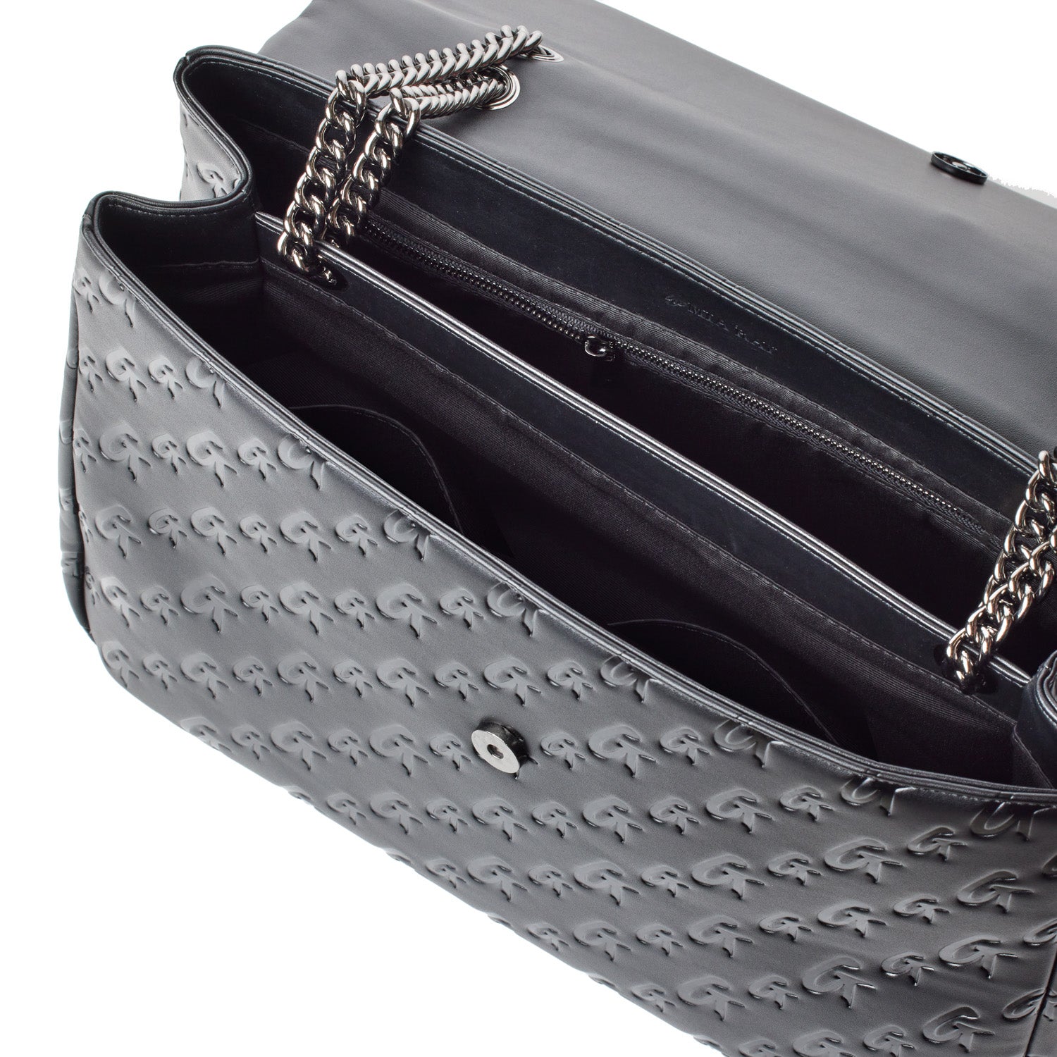 Black XL Monogram Flap Bag with embossed logo pattern, chain strap, and spacious interior with multiple compartments.